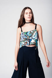 Blue Crop Top With Leaves Print