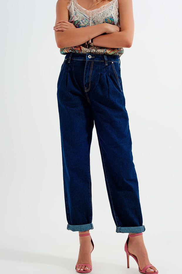 Relaxed Fit Pleat Front Jeans in Dark Blue