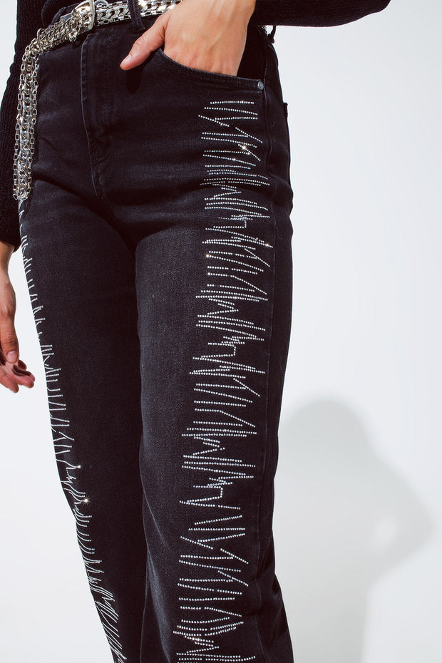 Straight Jeans in Black With Silver Strass Details