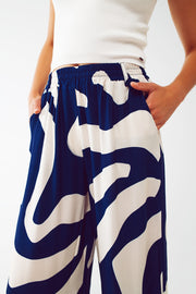 Relaxed Wide Leg Pants in Blue Abstract Print