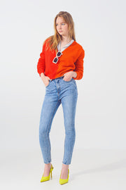 V Neck Colorblock Sweater in Red and Orange