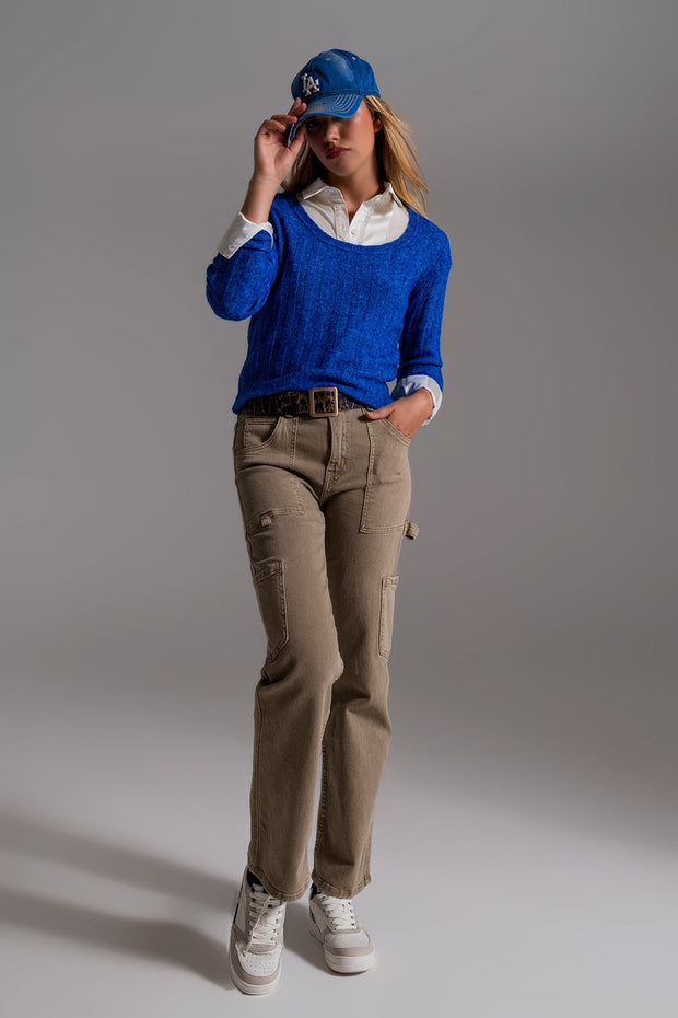 Blue Wide Neck Ribbed Knit Sweater