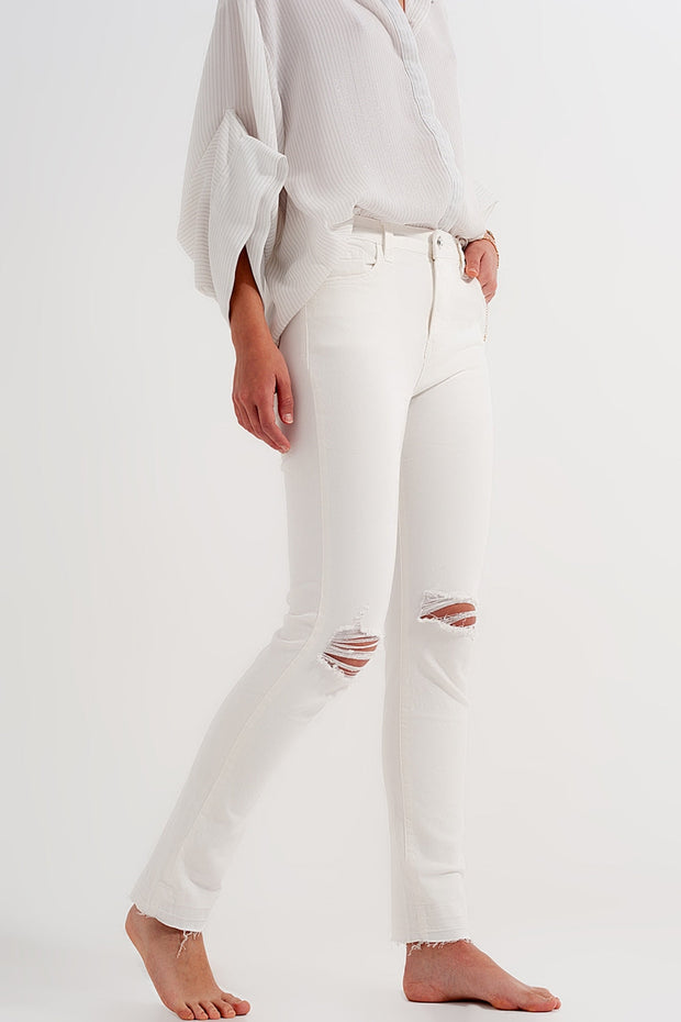 Ripped Fray Hem Jeans in Cream