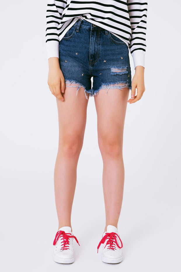 Star Stud Embellishment Denim Shorts