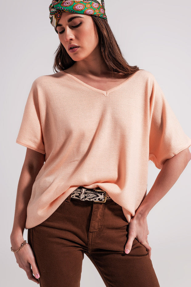 Short Sleeve Jumper With v Neck in Pink