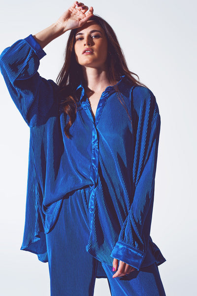 Relaxed Pleated Satin Shirt in Blue