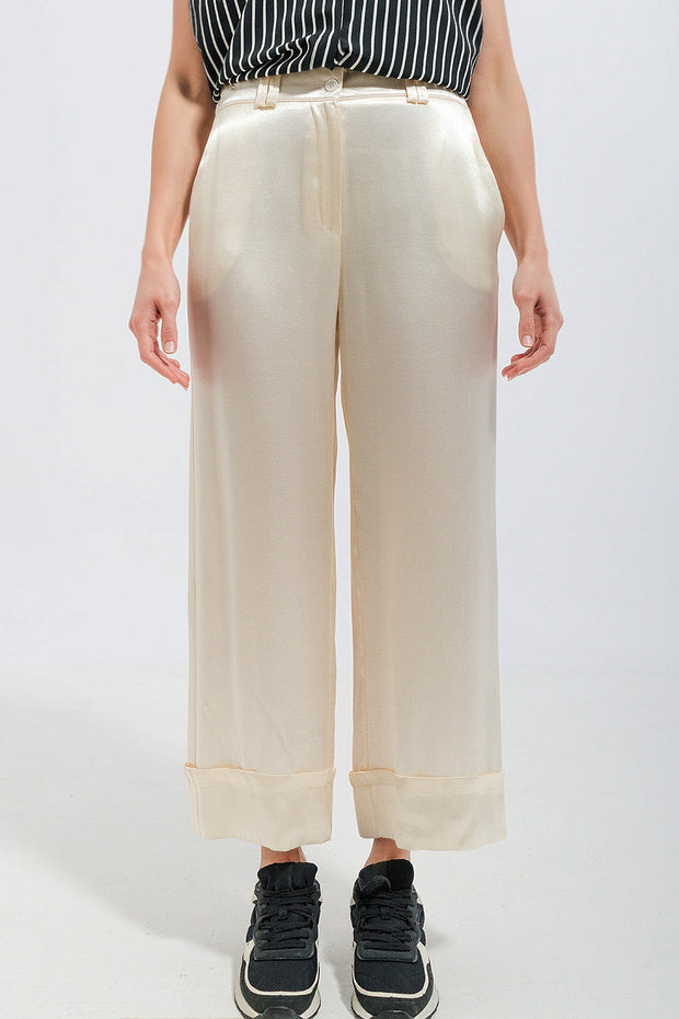 Satin Wide Leg Suit Pants in Cream