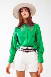 Shirt With Fringe Strass Collar in Green