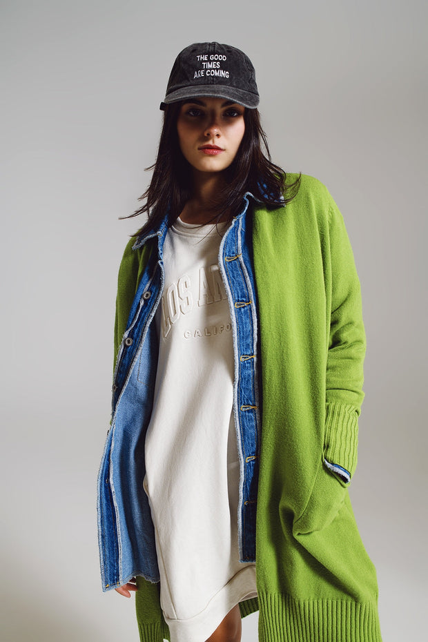 Long Green Cardigan With Folded Pockets