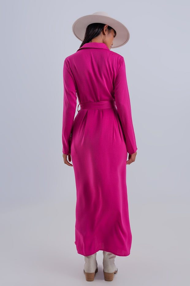 Slouchy Plunge Shirt Maxi Dress in Hot Fuchsia