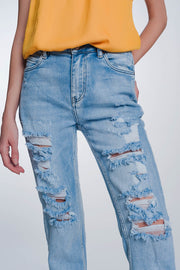 Wide Leg Cropped Raw Hem Jeans in Blue Colour