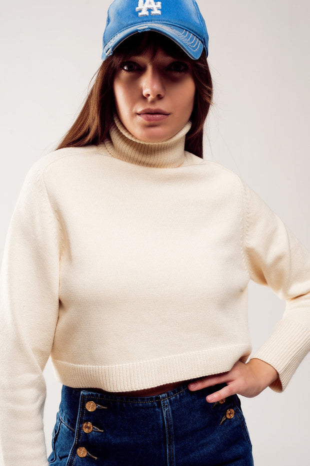 High Neck Cropped Jumper in Cream