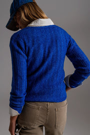 Blue Wide Neck Ribbed Knit Sweater