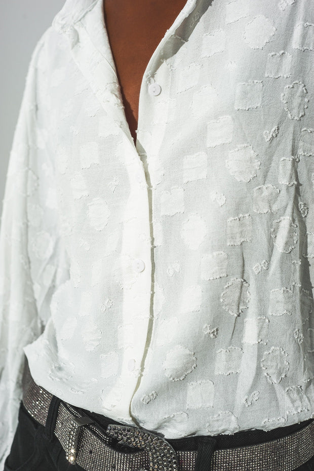 White Textured Blouse With Balloon Sleeves