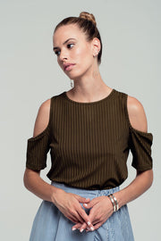 Khaki Cold Shoulder Top