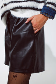 Faux Leather Oversized Shorts With Pleat Down the Front and Pockets in Black