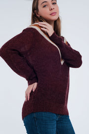 Maroon Sweater With Striped Detail