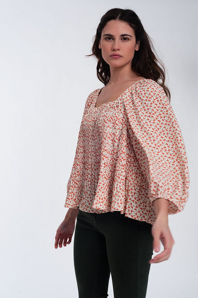 Puff Sleeve Top With Square Neck in Coral Floral Print