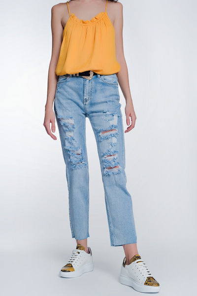 Wide Leg Cropped Raw Hem Jeans in Blue Colour