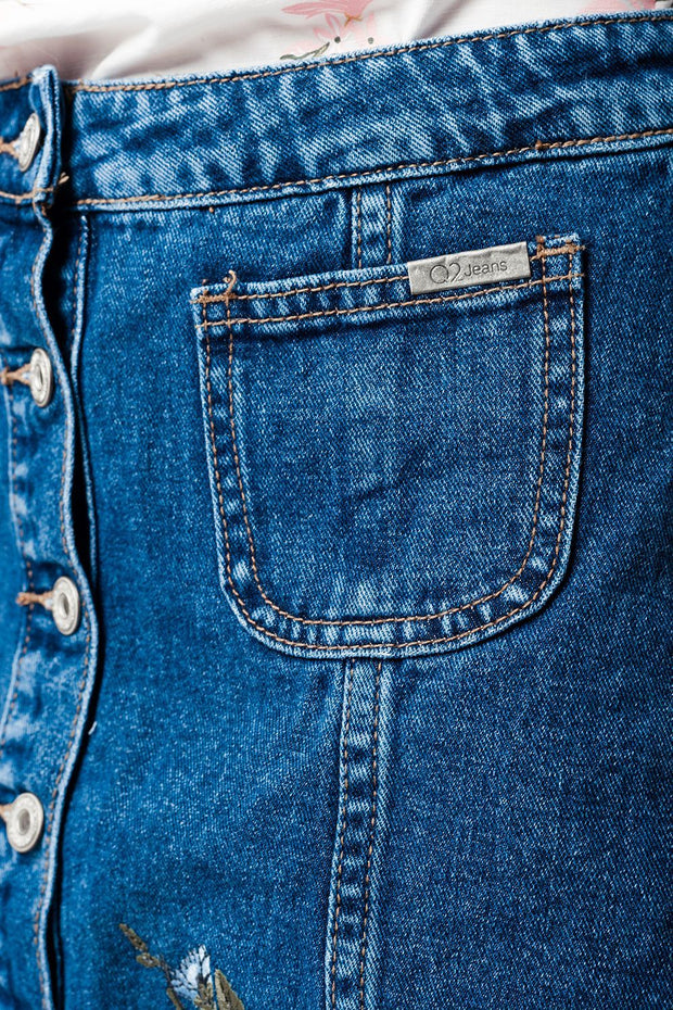 Denim Skirt With Flower Embroidery and Front Buttons