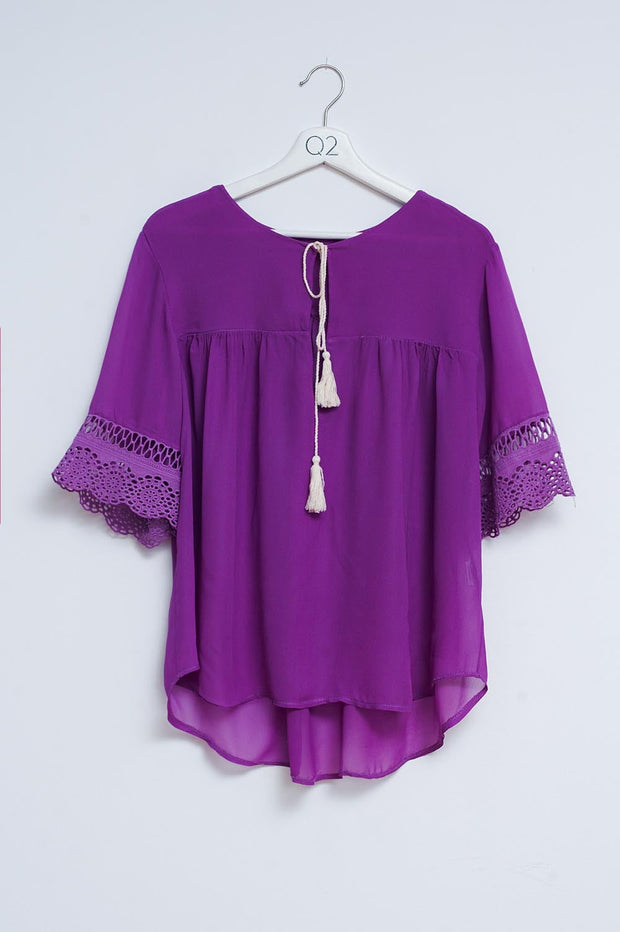 Broderie Tie Front Blouse in Purple