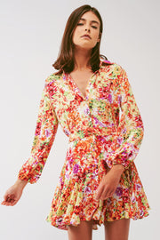 Mini Dress With Ruffles in Multicolor Floral Print