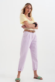 High Rise Mom Jeans With Pleat Front in Lilac