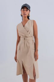 Wrap Dress With Tie Waist Detail in Beige