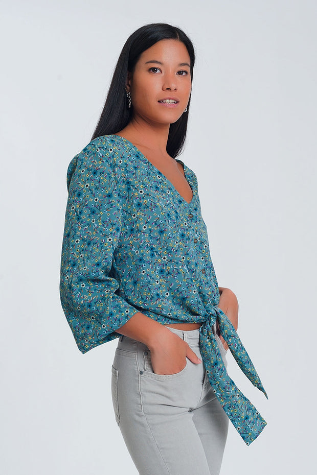 Long Sleeve v Neck Blouse With Button Detail in Green Floral Print