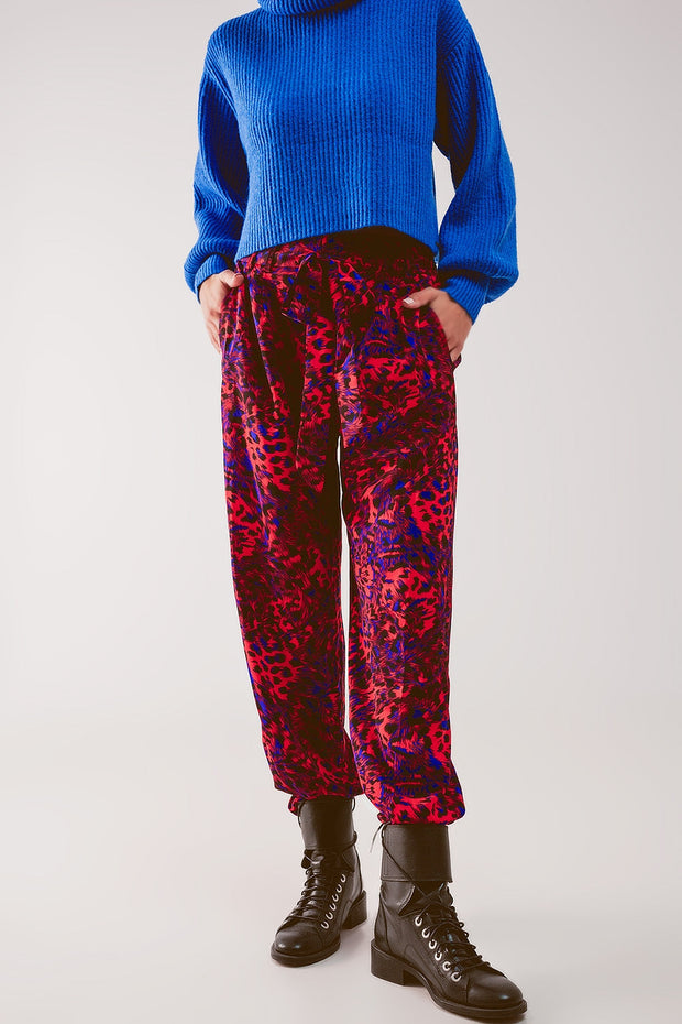 Animal Print Belted Straight Leg Pants in Red