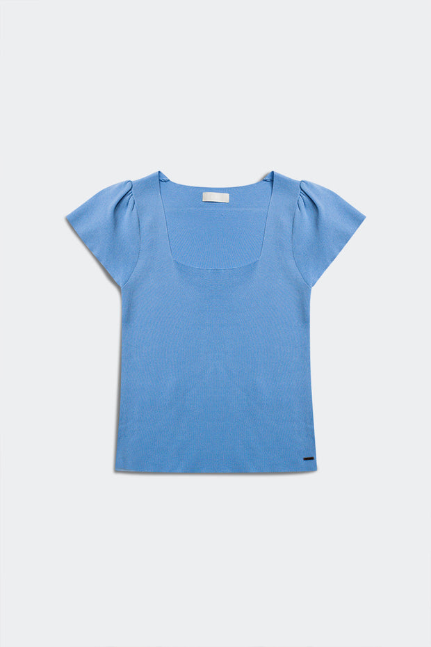 Square Neck Puff Sleeve Sweater in Blue