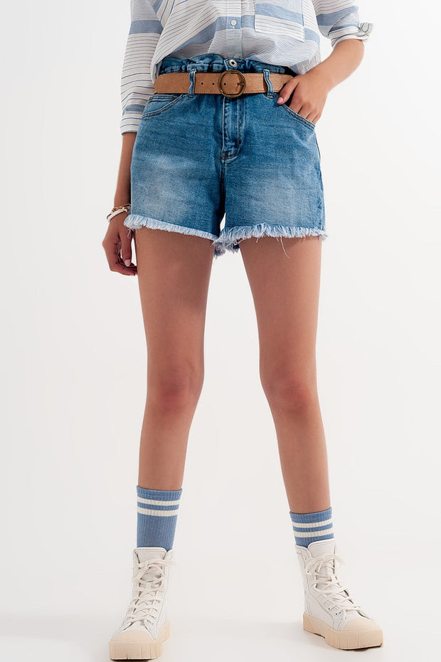 Paperbag Denim Short in Medium Blue