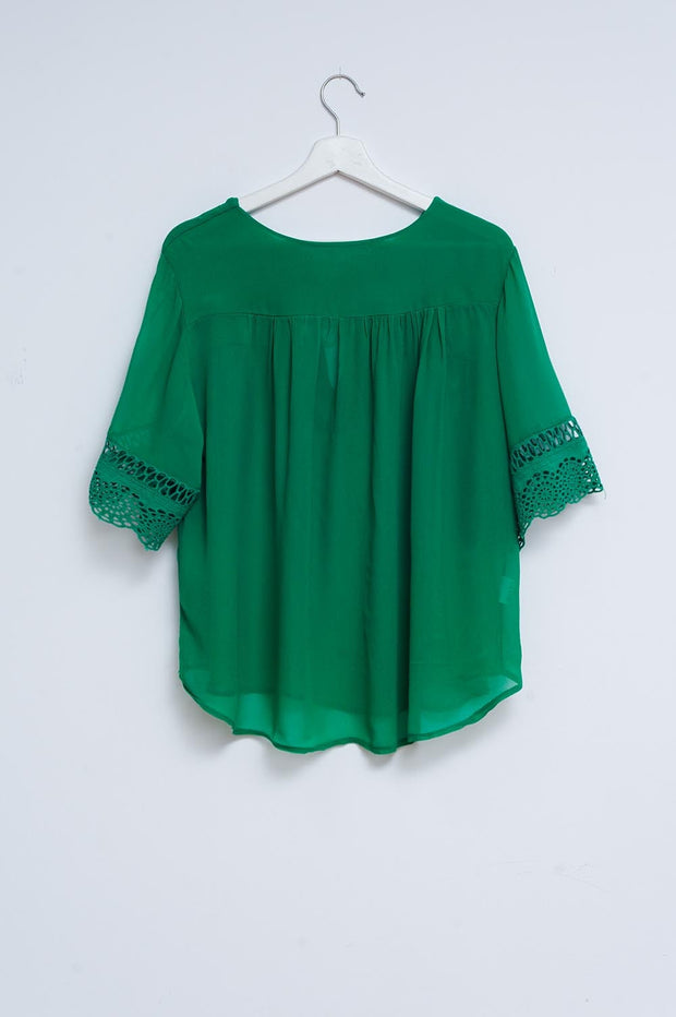 Broderie Tie Front Blouse in Green