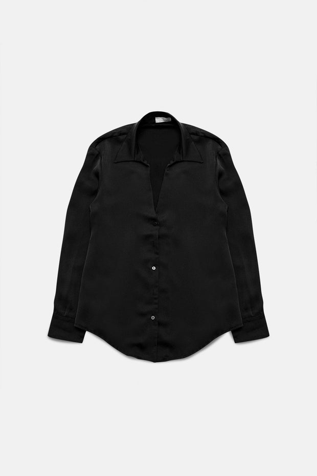 Satin Shirt With v Neck in Black