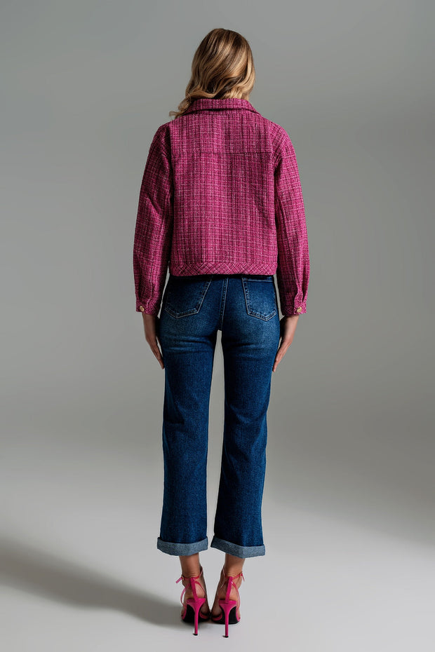 Cropped Tweed Jacket With Chest Pockets in Pink