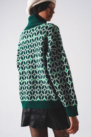 High Neck Jumper in Geo Pattern in Green