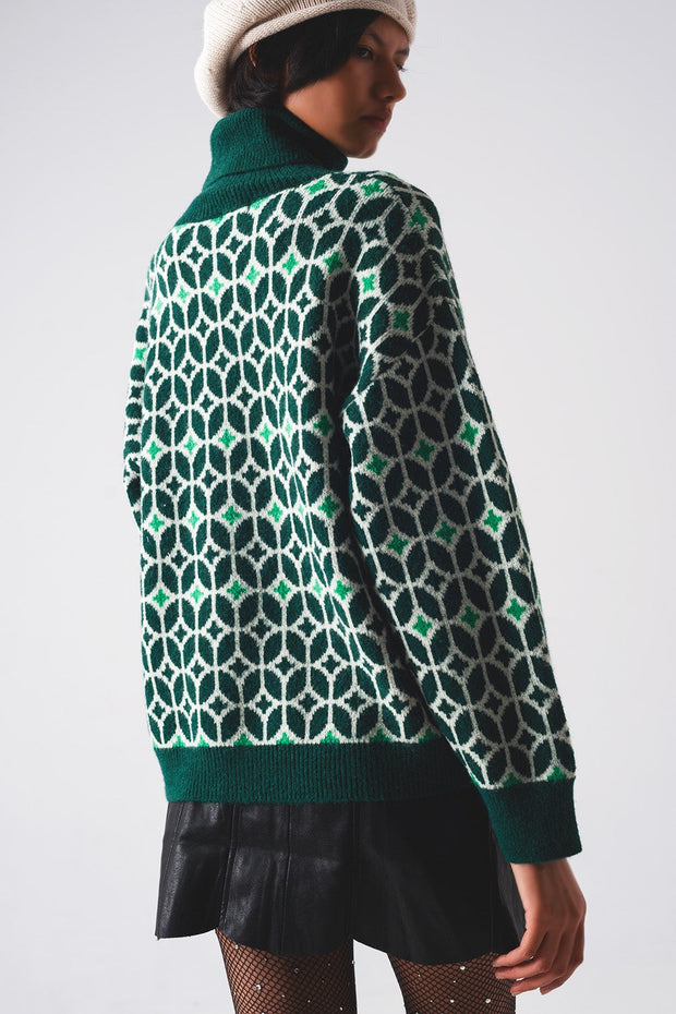 High Neck Jumper in Geo Pattern in Green