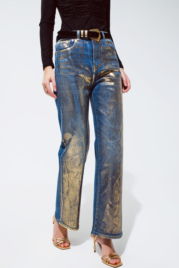 Straight Leg Jeans With Gold Metallic Finish