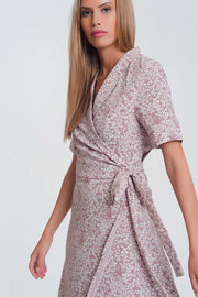 Wrap Midi Dress in Pink Floral Print