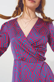 Mini v Neck Wrap Dress With Geometric Print