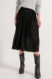 Shiny Black Pleated Midi Skirt