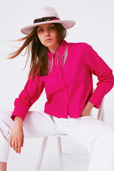 Shirt With Fringe Strass Collar in Fuxia
