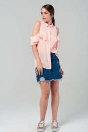 Cold Shoulder Ruffled Shirt in Pink