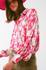 Floral Chiffon Blouse With Volume Sleeves in Pink