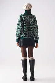 High Neck Jumper in Geo Pattern in Green