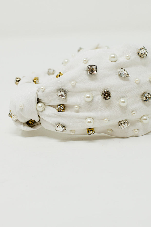 White Headband With Embellished Pearls and Strass