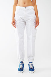 White Cargo Pants With Elasticated Waist and Hem