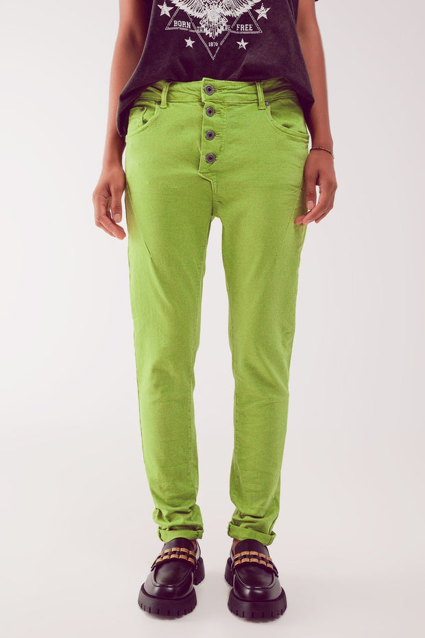 Exposed Buttons Skinny Jeans in Green