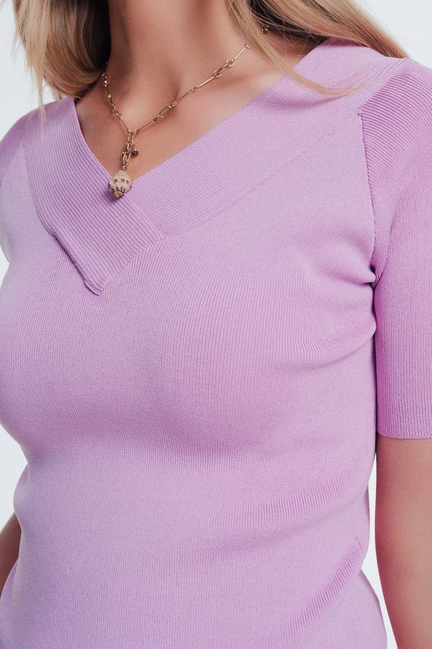 Short Sleeve Pink Sweater With v Neck