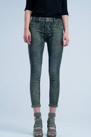 Green Skinny Reversible Jeans With Snake Print